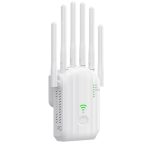 Beste WiFi versterker voor buiten Wifi-repeater voor buiten, krachtige wifi-versterker met 6 antennes, dual-band 2,4 GHz en 5 GHz, Gigabit Ethernet-poort, krachtige draadloze wifi-repeater, compatibel met alle internetboxen