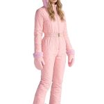 Freebily Skipak voor dames, warm sneeuwpak, winter, waterdicht, winddicht, ski-jumpsuit met capuchon, riem en handschoenen, skikleding, luchtsport, snowboard, Roze, S