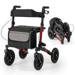 COSTWAY Rollator met luchtbanden, opvouwbaar en licht, met zitting, aluminium, tot 140 kg, 2-in-1 rolstoel & reisrollator, loophulp 7-voudig in hoogte verstelbaar, loopwagen met tas en stokhouder