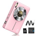 Digitale camera, 1080p, 44 MP, fotocamera, FHD, 16x digitale zoom, digitale camera met batterij, draagbare eenvoudige digitale camera voor kinderen, studenten, tieners, beginners en senioren (roze)