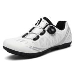 Beste gravel schoenen Hixingo Fietsschoenen Heren Dames MTB Fietsschoenen Platte Sneaker Wegfiets Rubberen Zool Ademende Mountainbike Schoenen Antislip Schoen, Wit, 43 EU