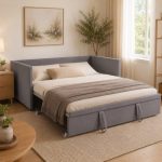 Beste slaapbank met matras Gewatteerd bed, uittrekbare slaapbank voor 2 personen, dagbed, uitschuifbed van dezelfde hoogte, slaapbank met lattenbodem en rugleuning, multifunctioneel bed, fluwelen stof, zonder matras (grijs, 90)