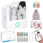 eSynic Mini Oplaadbare Bluetooth Thermische Printer, Ondersteunt Android iOS, Draagbare Fotoprinter met 10 Rollen Thermisch Papier, Foto's Afdrukken vanaf Mobiel, Zwart-Wit Afbeeldingen - Wit