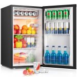 FOHERE Kleine koelkast met vriesvak van 90L, groentebak, verstelbare thermostaat, stil, kleine kantoorkoelkast, omkeerbare deur, koelkast voor slaapzaal, slaapkamer, Zwart