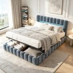 EZSSW Boxspring 180x200 cm - gestoffeerd bed met opbergruimte, RGB-LED, USB, pneumatische heffunctie, metalen frame - beige geweven stof "Tree Stump (grijs A, 180 x 200 c)