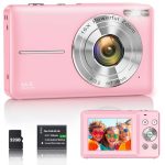 Beste digitale camera Digitale camera, 1080p, 44 MP, vloggingcamera voor kinderen en jongeren, FHD compacte camera met 2,4 inch scherm, 16x zoom, anti-shake mini-camera voor beginners, studenten, jongens en meisjes, roze
