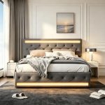 Bed 180x200cm met lattenbodem, gestoffeerd tweepersoonsbed met ledverlichting, opbergbed met vier lades, bedframe, geschikt voor volwassenen en tieners, linnengoed (grijs F, 180 x 200 cm)