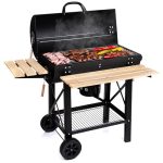 Lehmann Houtskoolgrill met Grillrooster XL, Grillwagen met Twee Houten Planken, Deksel, Wielen en niet-verwarmende Handgreep, Kolengrill voor Tuin, Terras, Camping